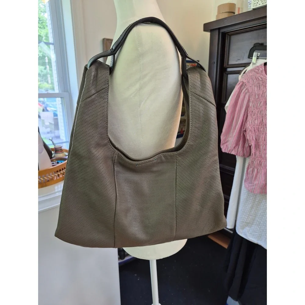 Splendid Hobo Bag Perforated Leather Shoulder Olive Taupe Slouchy Minimalist